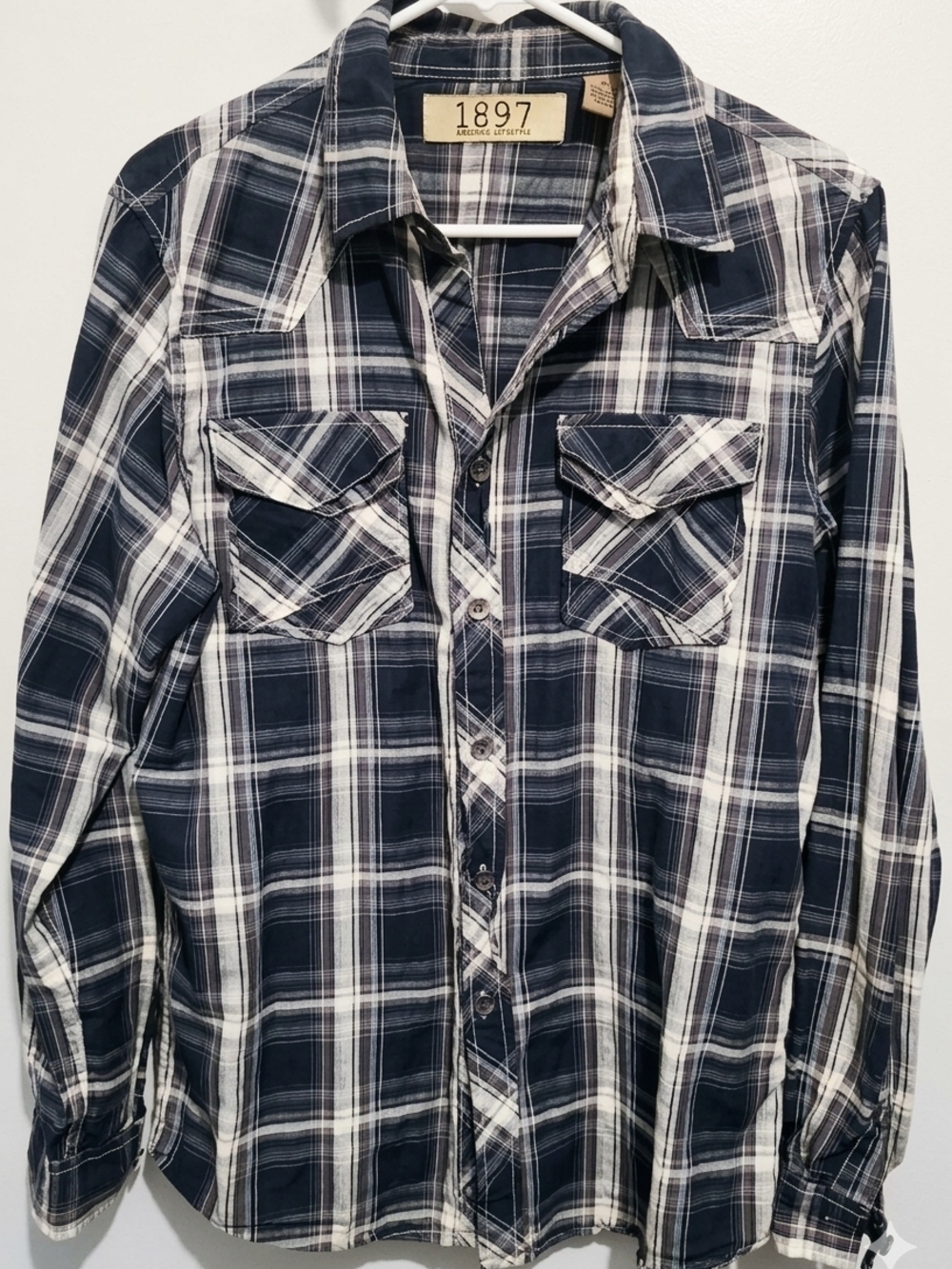 1897 (Glik's) Men’s Navy and White Plaid Button-Down Shirt